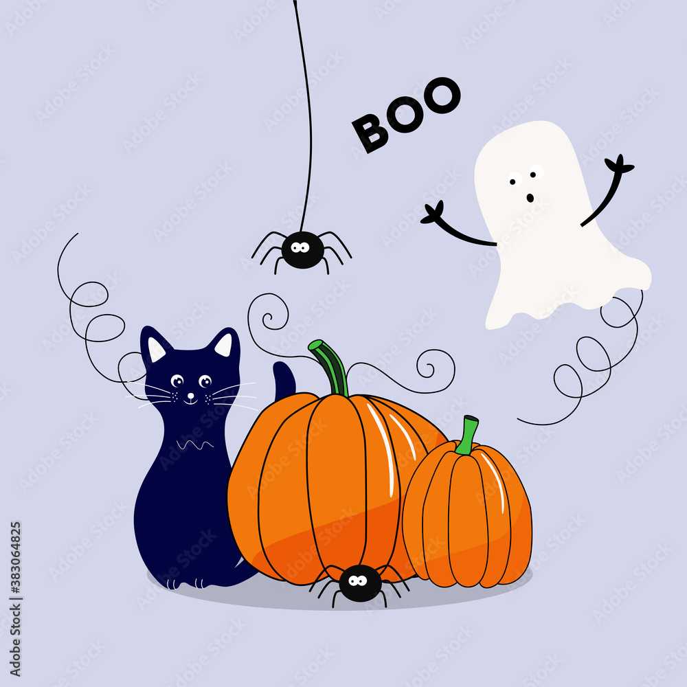 Fototapeta premium halloween background with pumpkin, ghost and cat. For the design of postcards, flyers. Vector.