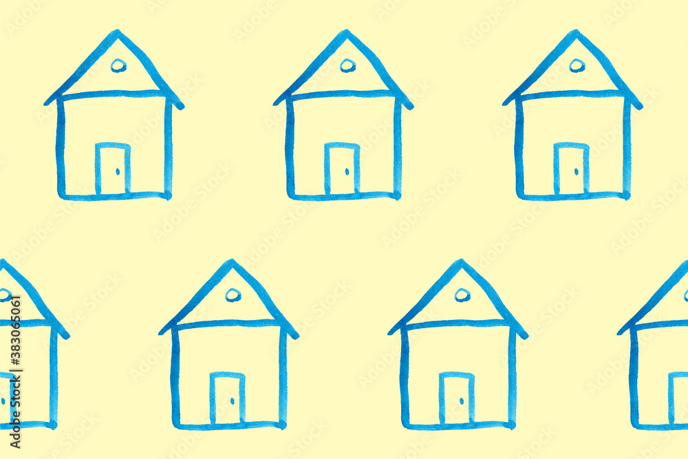 Seamless pattern with blue house icon on yellow backboard. Cartoon style baby illustration. Architecture, construction, village, homepage. Creative kids city texture for fabric, wrapping or textile