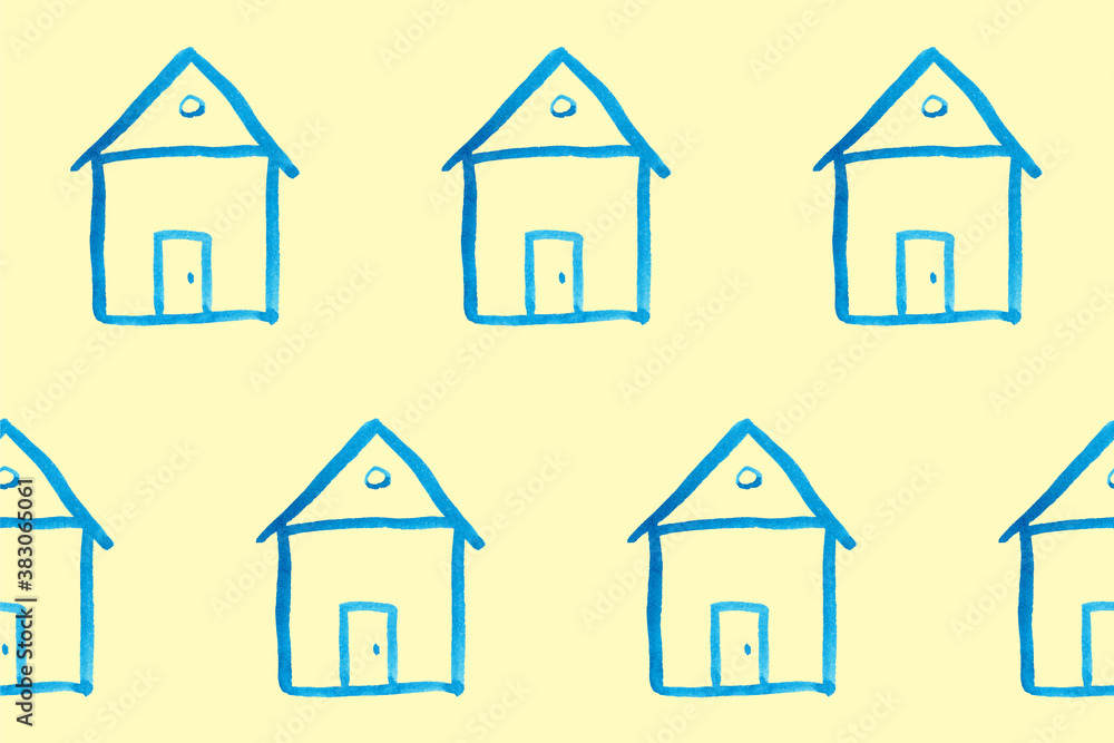 Seamless pattern with blue house icon on yellow backboard. Cartoon style baby illustration. Architecture, construction, village, homepage. Creative kids city texture for fabric, wrapping or textile Seamless pattern with blue house icon on yellow backboard. Cartoon style baby illustration. Architecture, construction, village, homepage. Creative kids city texture for fabric, wrapping or textile