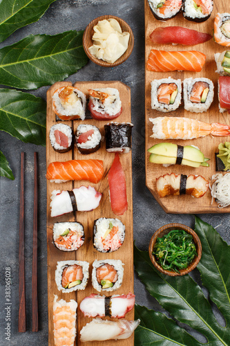 Sushi Set nigiri and sushi rolls on rectangular plates
