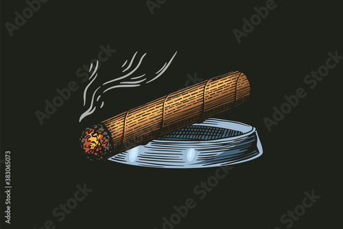 Cigar or smoke, Gentleman emblem. Bad habit. Classic cigarette. engraved hand drawn in old vintage sketch.