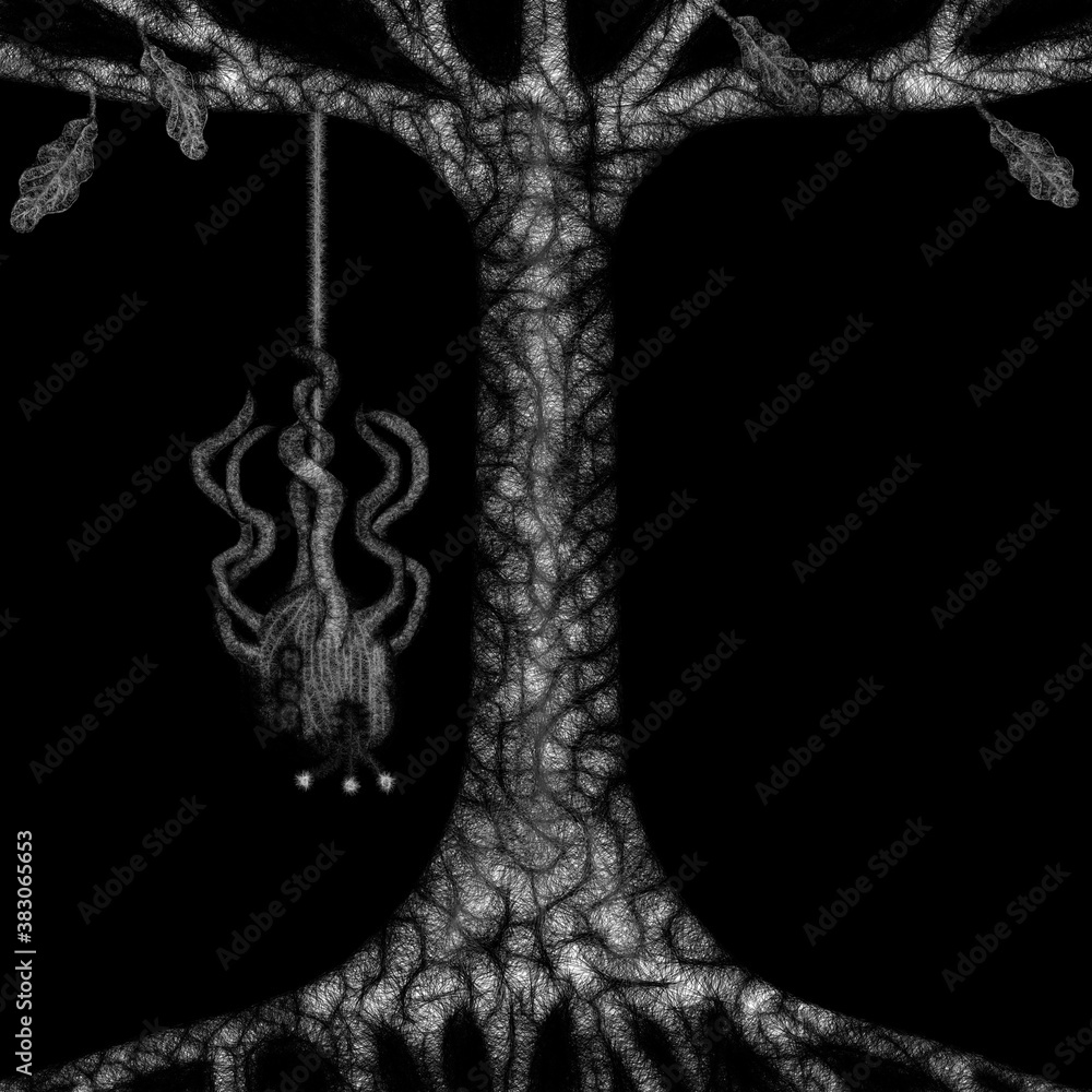 Fototapeta premium A strange little creature hanging on a tree on a web, the monster has tentacles and a forked tongue with a luminous bait, concept for suspense and horror.