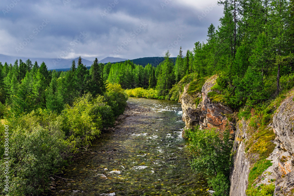 mountain river flowing among the rocks in a forest area mountain river flowing among the rocks in a forest area