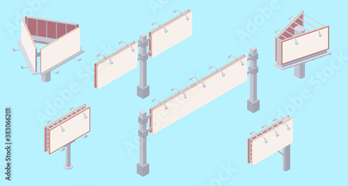 Isometric billboard set with blank canvas for outdoor advertising.
