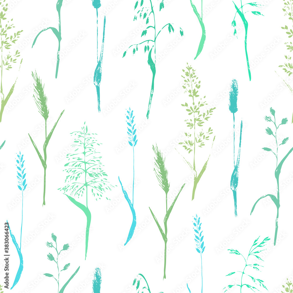 Vector seamless pattern with meadow grass silhouettes on white