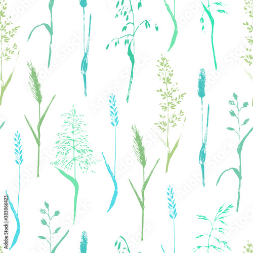 Vector seamless pattern with meadow grass silhouettes on white