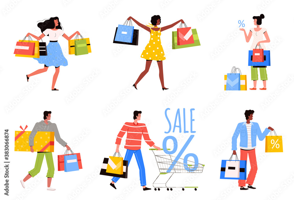 Set stylish people in the store make a purchase. Men and women shopping with baskets, carts and bags of groceries