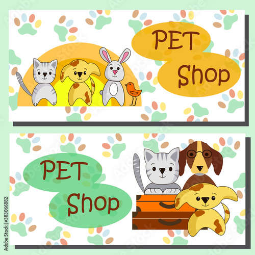 Pet shop. Vector illustration Template for flyer or postcard. Advertising for mangazines  decor  design  discounts.
