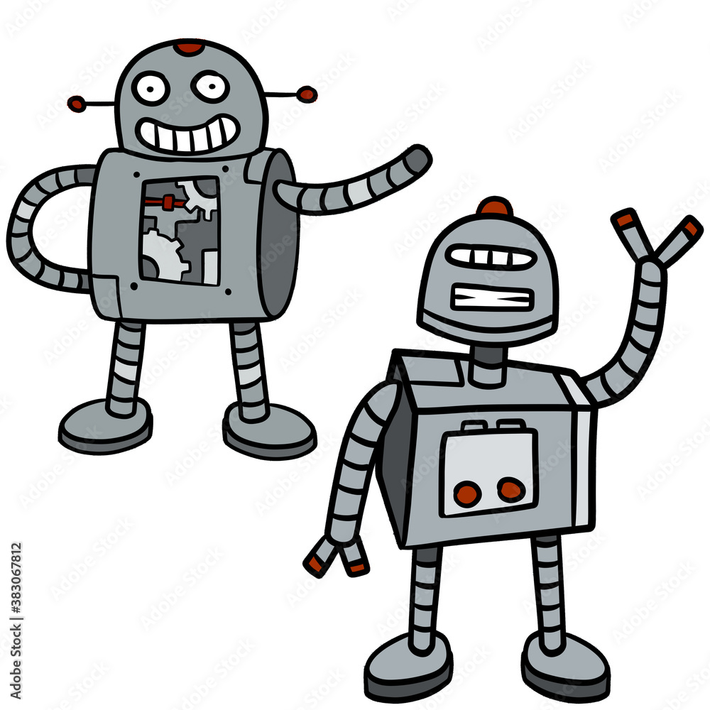 Robot. Doodle character. Friendly Mechanism. Cartoon illustration. Set of cyborgs. Metal computer man. Funny children drawing