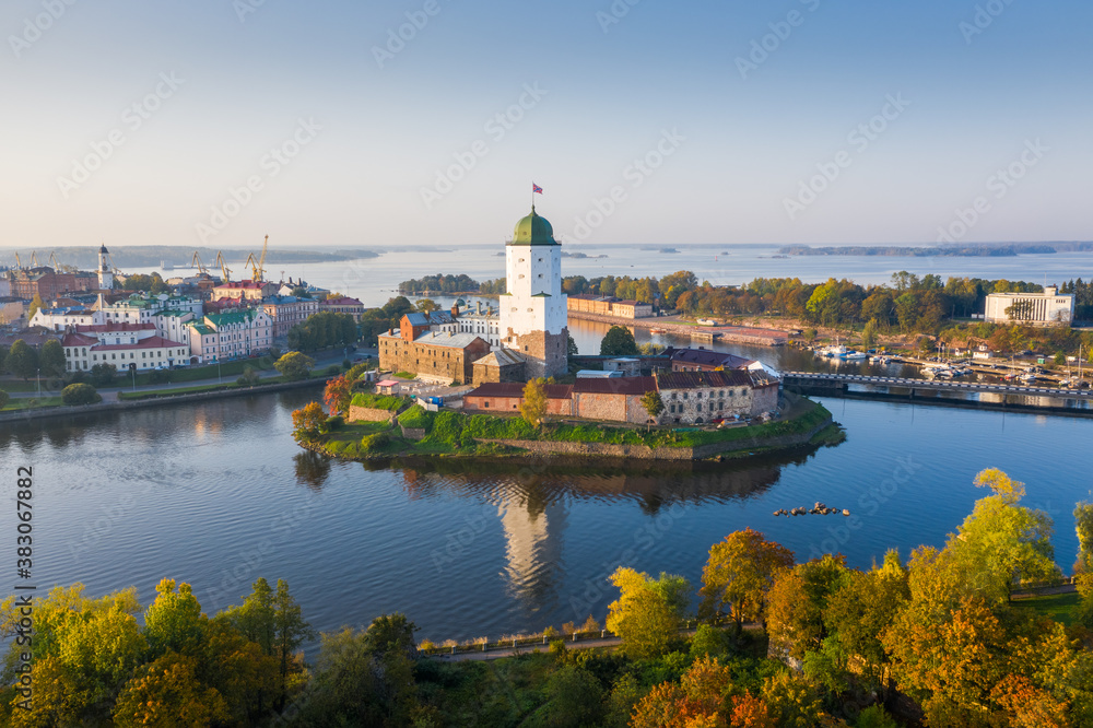 Autumn Vyborg. View of the city medieval castle.