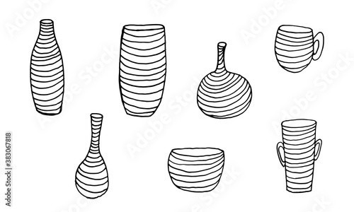 Striped vase isolated on white background. Hand drawn vector illustration. Beautiful interior element. Cozy home object