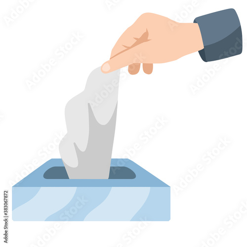 Sanitary napkin. Hand and Wet handkerchief. Hygiene and sanitation. Take from the tissue Box. Flat cartoon illustration. Blue pack