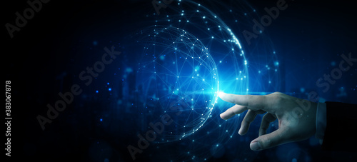 Hand touching abstract network circle technology structure. Innovation networking future worldwide global concept