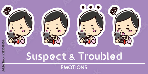 スマホと男性の表情セット / 疑う / 困る