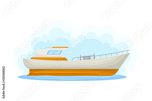 White Luxury Yacht with Cabin as Water Transport Vector Illustration