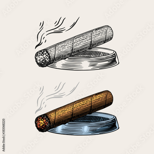 Cigar or smoke, Gentleman emblem. Bad habit. Classic cigarette. engraved hand drawn in old vintage sketch.