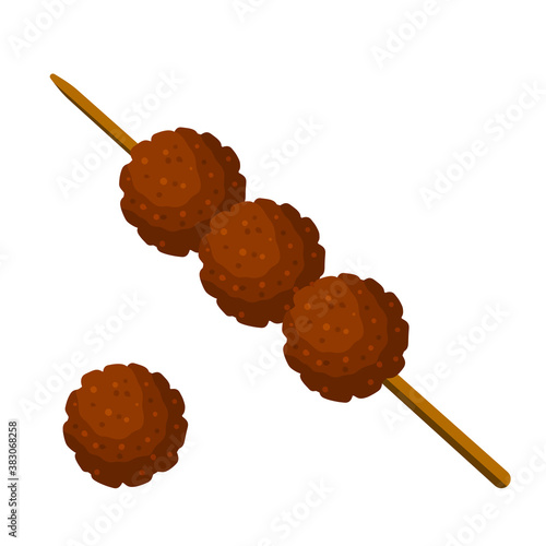 Meat balls on a stick. Barbecue element. Brown meatball. Flat cartoon illustration. Food for grilling and frying