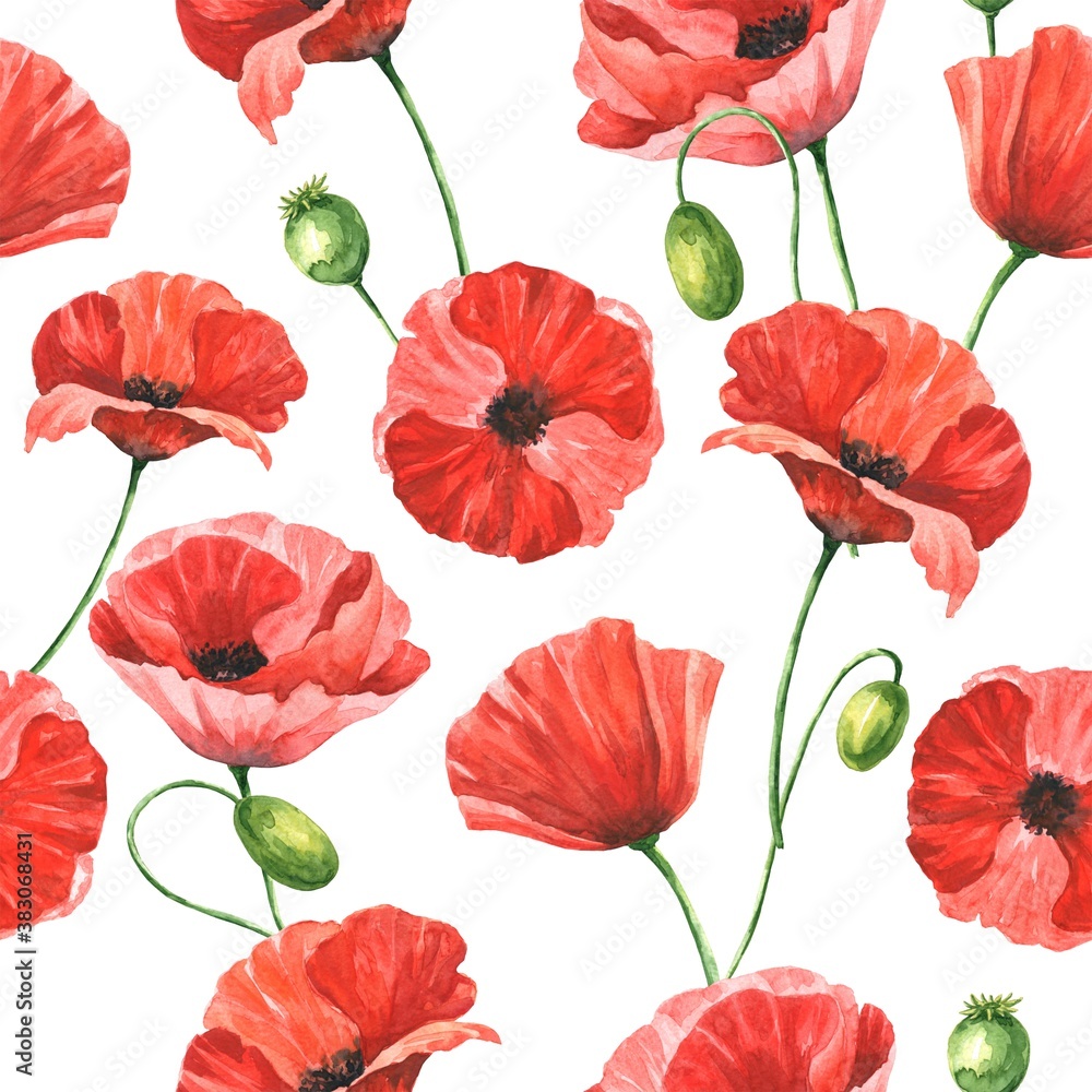Poppy flowers watercolor repeating pattern. Floral watercolour seamless background.