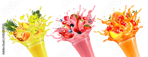 Set of fruit juice splash. Whole and sliced pineapple, mango, peach, orange, cherry, blueberry, strawberry and grape in juice with splashes and drops isolated on transparent background. Vector.