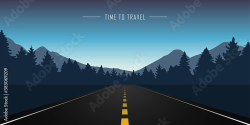 straight road in the forest with blue mountain landscape vector illustration EPS10