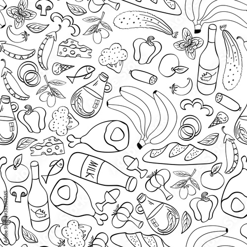 Food hand drawn seamless pattern. Restaurant and cafe background. Vector illustration.