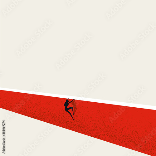 Business challenge overcome with woman climbing over wall. Finding solution, emancipation symbol.