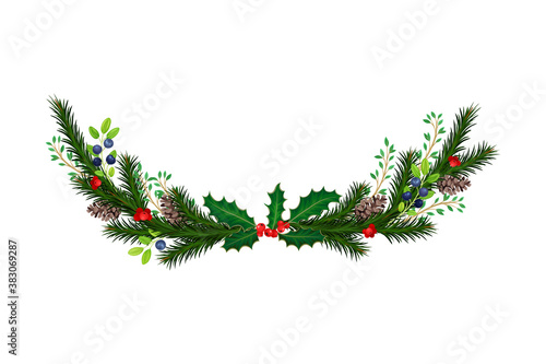 Evergreen Branches of Coniferous Tree and Holly Arranged in Semicircular Vector Composition
