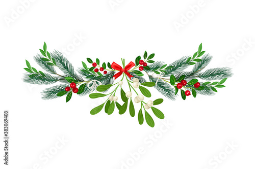 Bright Coniferous Tree Branch and Mistletoe Arranged in Semicircular Vector Composition