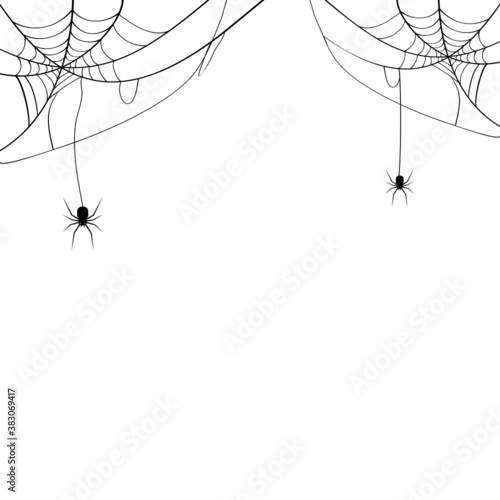 Black spider and spider web. Scary spiderweb of halloween symbol. Isolated on white background. vector illustration