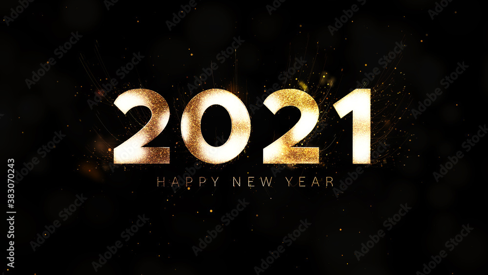 Happy New Year 2021 golden particles bokeh black background new year resolution concept.