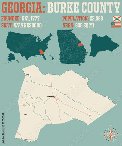 Large and detailed map of Burke county in Georgia, USA.