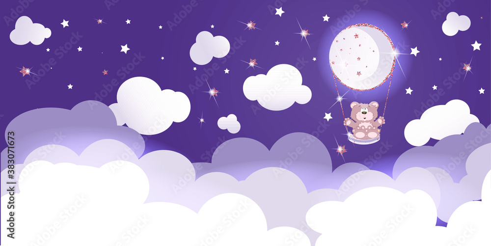 Little bear riding on a moon swing between clouds and shining stars. Vector illustration. Wallpaper for child's room. Little bear riding on a moon swing between clouds and shining stars. Vector illustration. Wallpaper for child's room.