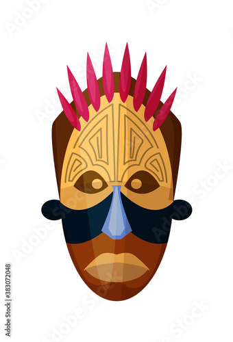 African god mask. Shaman, deity facial masque isolated on white background. Carved wooden tribal spiritual african god mask vector illustration