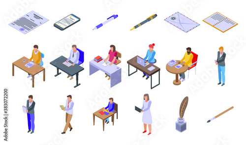 Writing icons set. Isometric set of writing vector icons for web design isolated on white background