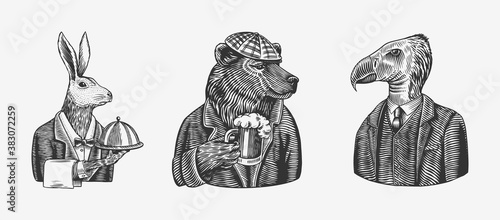 Grizzly Bear with a beer mug. Hare or Rabbit waiter bird. Fashion animal character. Hand drawn sketch. Vector engraved illustration for label, logo and T-shirts or tattoo.