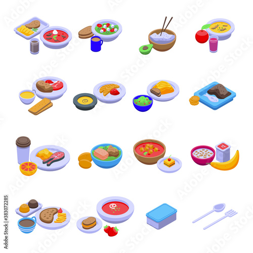 Lunch icons set. Isometric set of lunch vector icons for web design isolated on white background