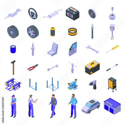 Car mechanic icons set. Isometric set of car mechanic vector icons for web design isolated on white background