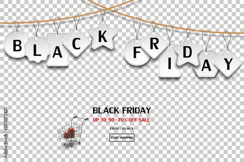 Black friday sale tag hanging on rope on transparent background,for advertising,shopping online,website or promotion