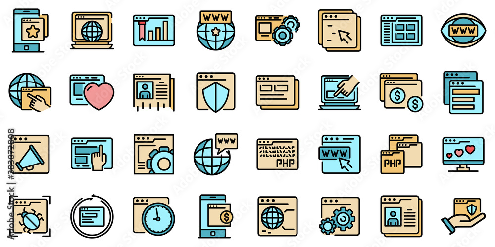 Browser icons set. Outline set of browser vector icons thin line color flat on white Browser icons set. Outline set of browser vector icons thin line color flat on white