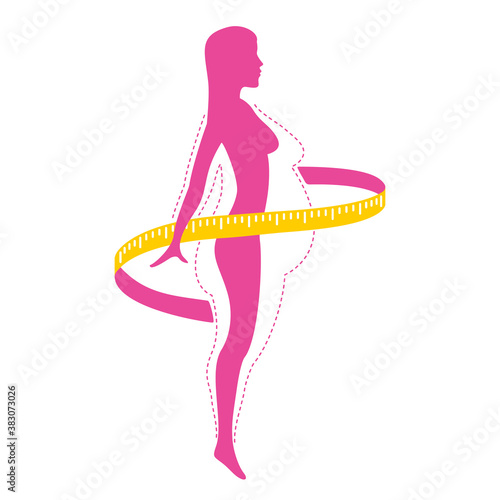 Weight loss program logo (isolated icon) - female silhouette with fat and slim body comparsion and measuring tape around