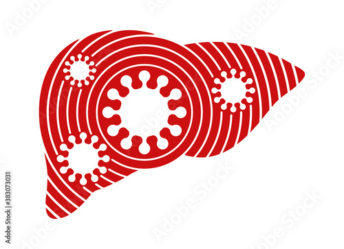Hepatitis icon - human liver surrounded by viruses - emblem in outline decoration