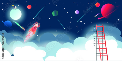 Clouds in a front of space sky with full moon and asrtonaut on it, planets and Ursa Major, rocket and asteroids. Ladder growth meter. Vector illustration. 