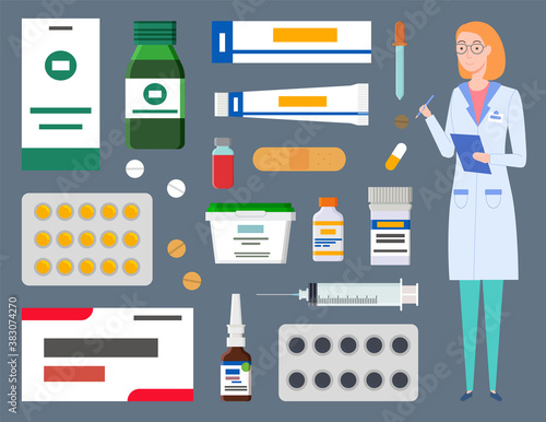 Medical staff, therapist woman, physician with clipboard, healthcare web icons, containers, jars, plates of pills, bottles with nasal drops, cream tube, container with capsules, treatment set