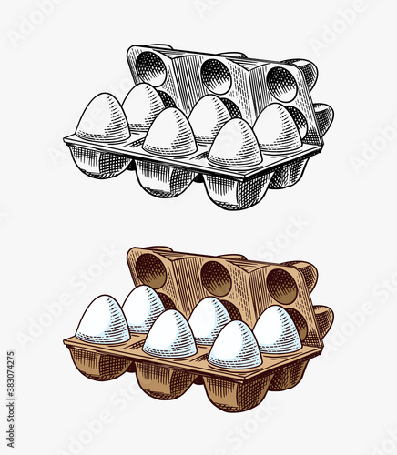 Egg packaging. Farm product. Engraved hand drawn retro vintage sketch. Woodcut style. Vector illustration for menu or poster.
