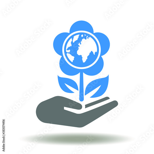 Hand hold flower with earth planet icon vector. Ecology Environment Safety Sign. Global green eco world care symbol.
