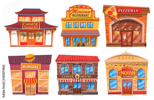 Set of dining public buildings. Cartoon Chinese restaurant with pagoda, Mexican cafe, pizzeria, burger, coffee shop, Indian cuisine. Stylized building with traditional cuisine of world nationalities