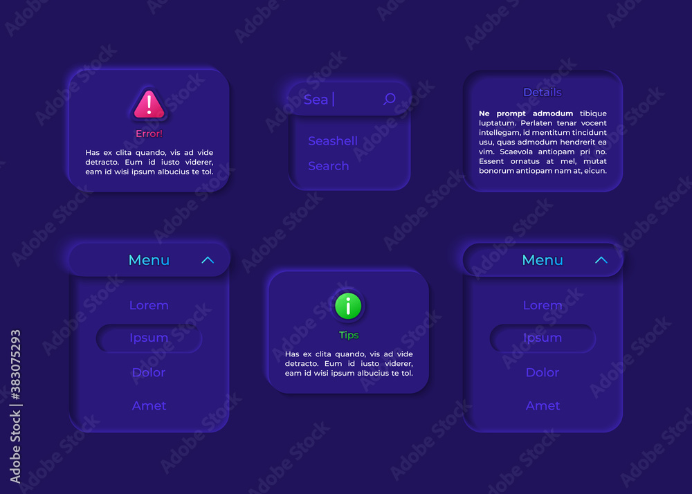 Panel UI elements kit. Search bar. Tips and details. Dropdown menu isolated vector icon, bar and dashboard template. Web design widget collection for mobile application with dark theme interface Panel UI elements kit. Search bar. Tips and details. Dropdown menu isolated vector icon, bar and dashboard template. Web design widget collection for mobile application with dark theme interface