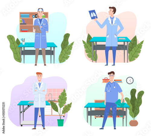 Veterinarian in office in vet clinic, man medical staff wearing suit standing near table for animal, holding x-ray image of lungs, interior of vet office in veterinary clinic or hospital, collection