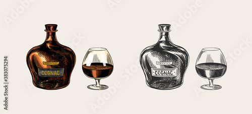 Cognac bottle and glass goblet. Engraved hand drawn vintage sketch. Woodcut style. Vector illustration.