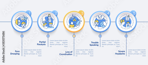 Stroke symptoms vector infographic template. Health care. Neurology presentation design elements. Data visualization with 5 steps. Process timeline chart. Workflow layout with linear icons
